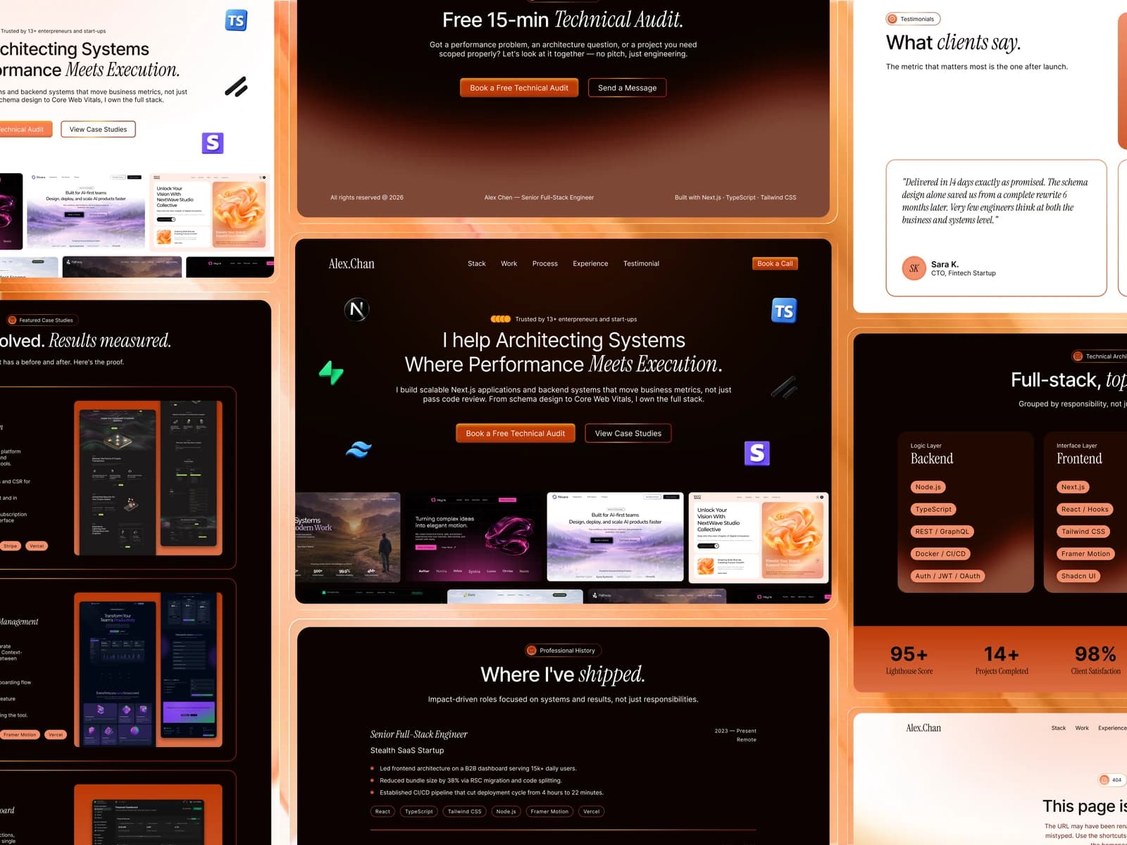 Alex Chan’s orange and black developer portfolio template and project sections