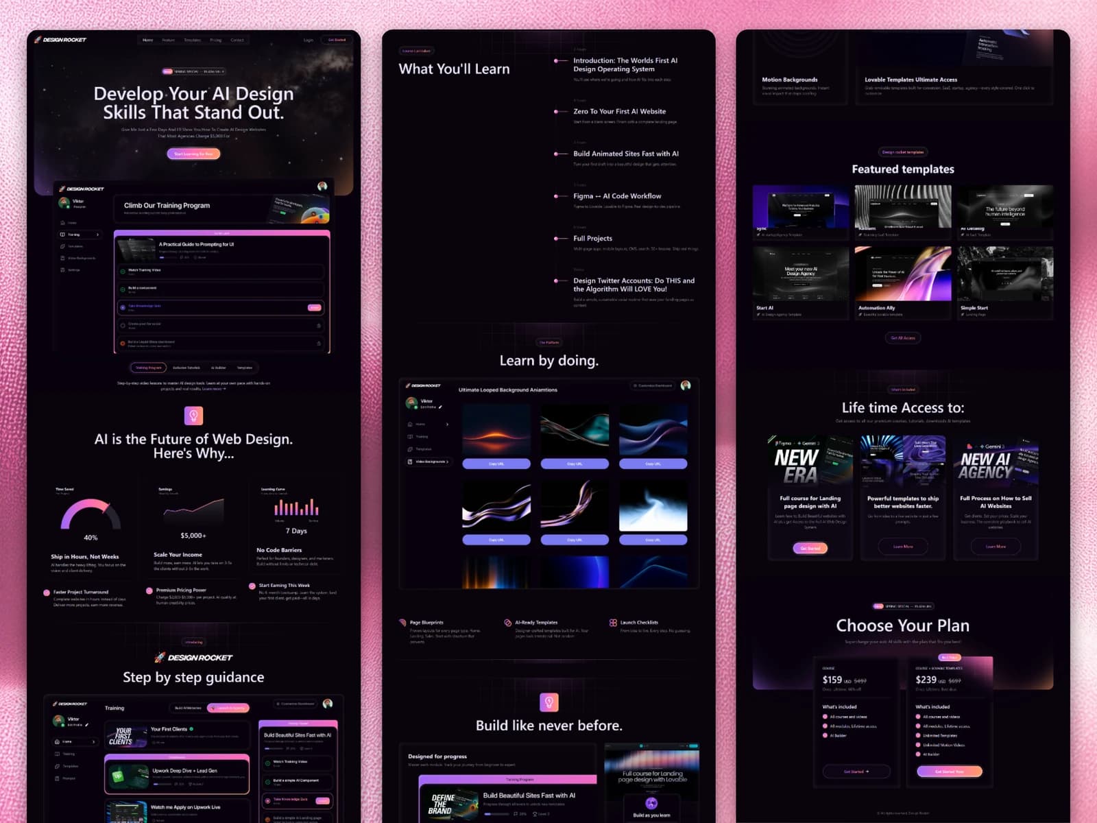 Design Rocket’s dark course platform, lesson previews and pricing pages